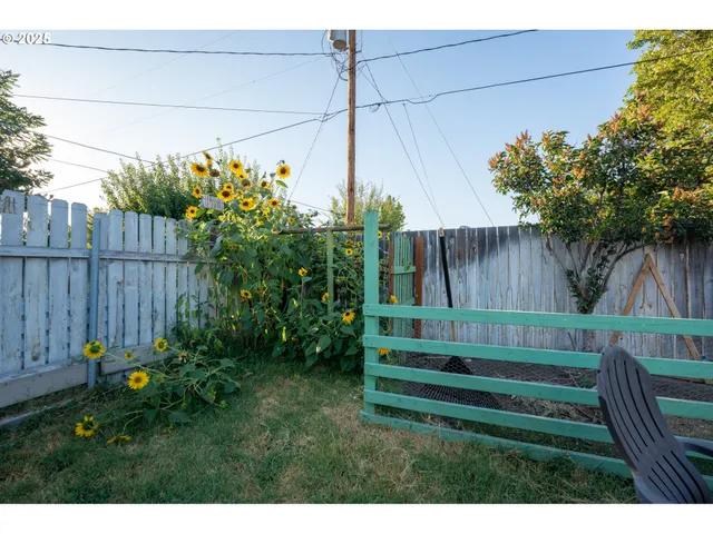a view of a chair and table in backyard of the house