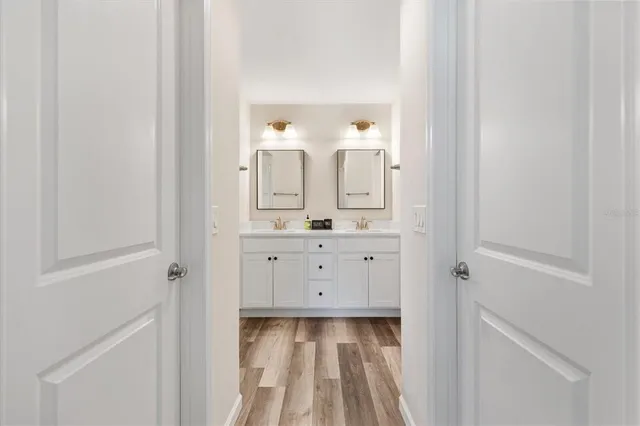 a bathroom with a sink and a mirror