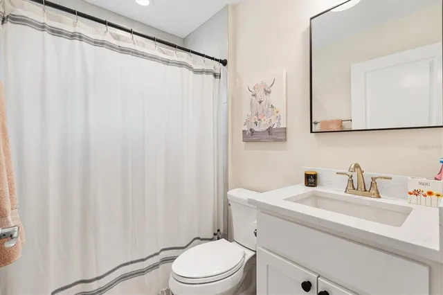a bathroom with a sink a toilet and shower curtain