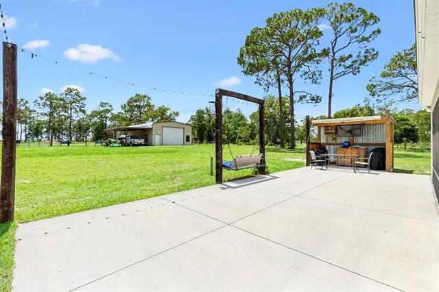 a view of a park with potted plants and large trees