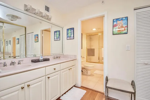 a bathroom with a granite countertop sink mirror and a