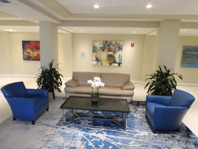 a living room with furniture and a potted plant