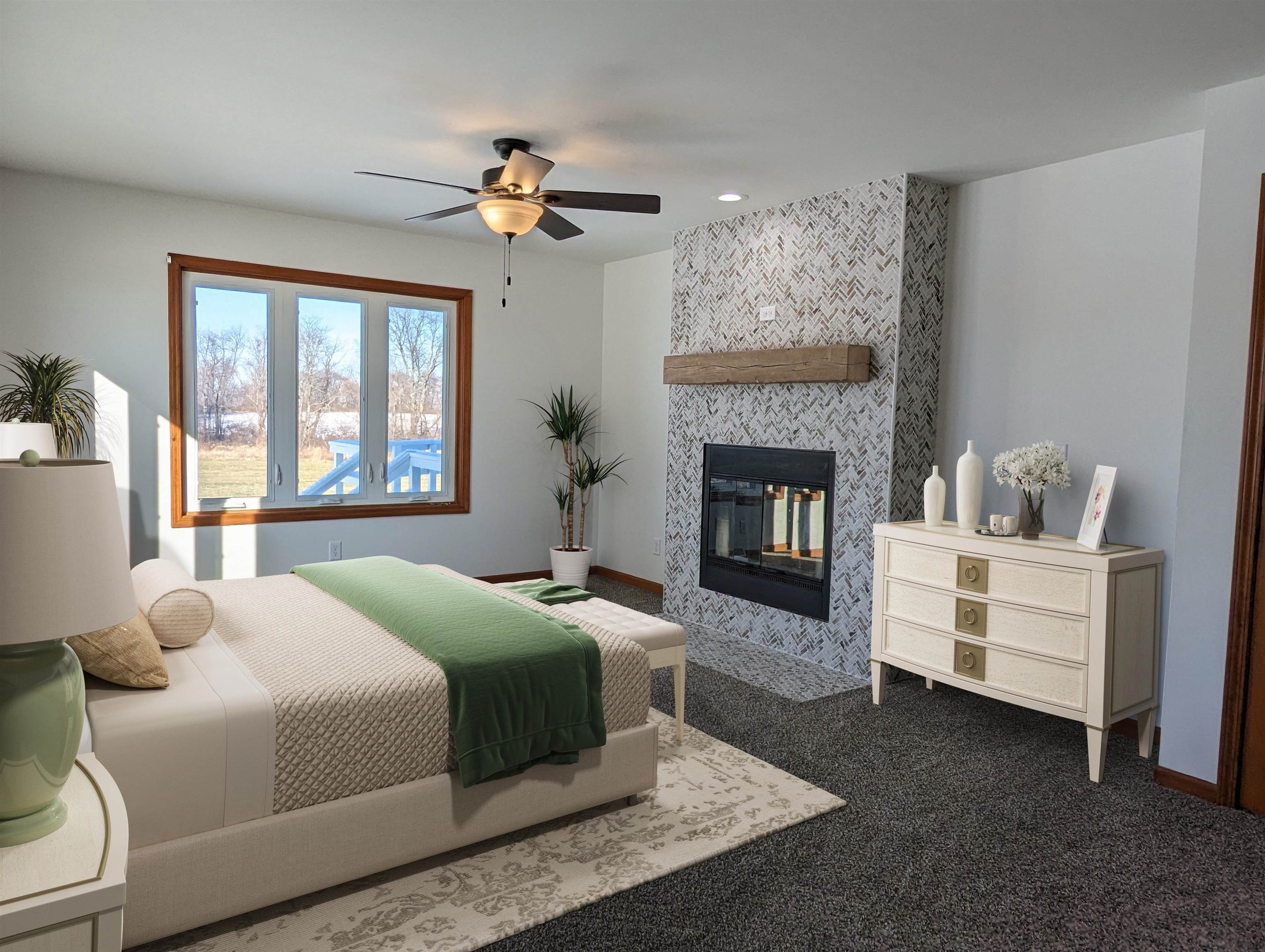 8712 East Kelley Road German Valley, IL 61039 - Photo 17 of 34 a bedroom with a bed and a fireplace