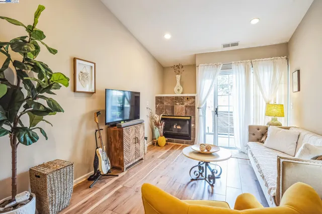 a living room with furniture a flat screen tv and a fireplace