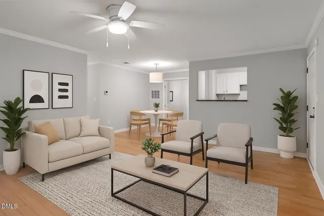 a living room with furniture and a potted plant