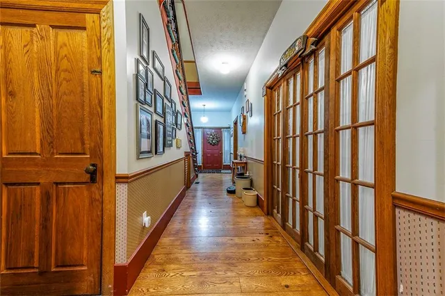 a view of staircase with lots of windows