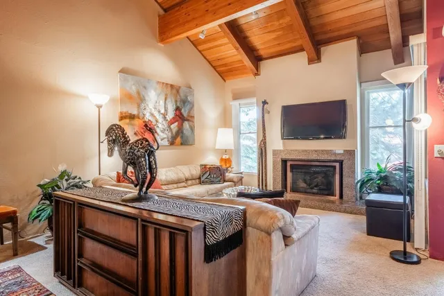 a view of a livingroom with furniture and a fireplace