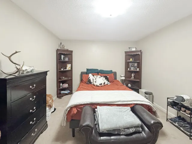 a bedroom with a bed and closet