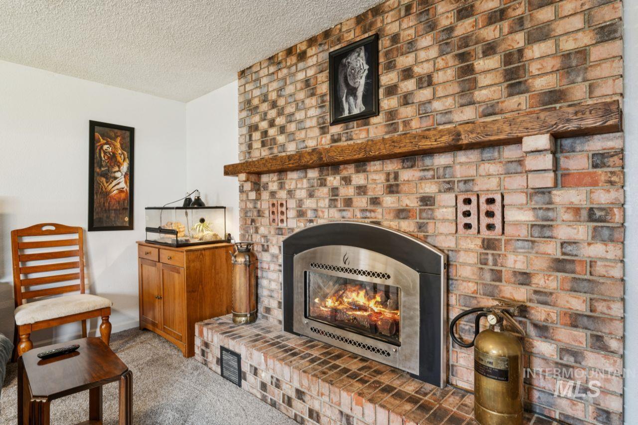 4093 North Marylebone Way Boise, ID 83713 - Photo 30 of 48 Detailed view of a fireplace, a textured ceiling, and carpet flooring