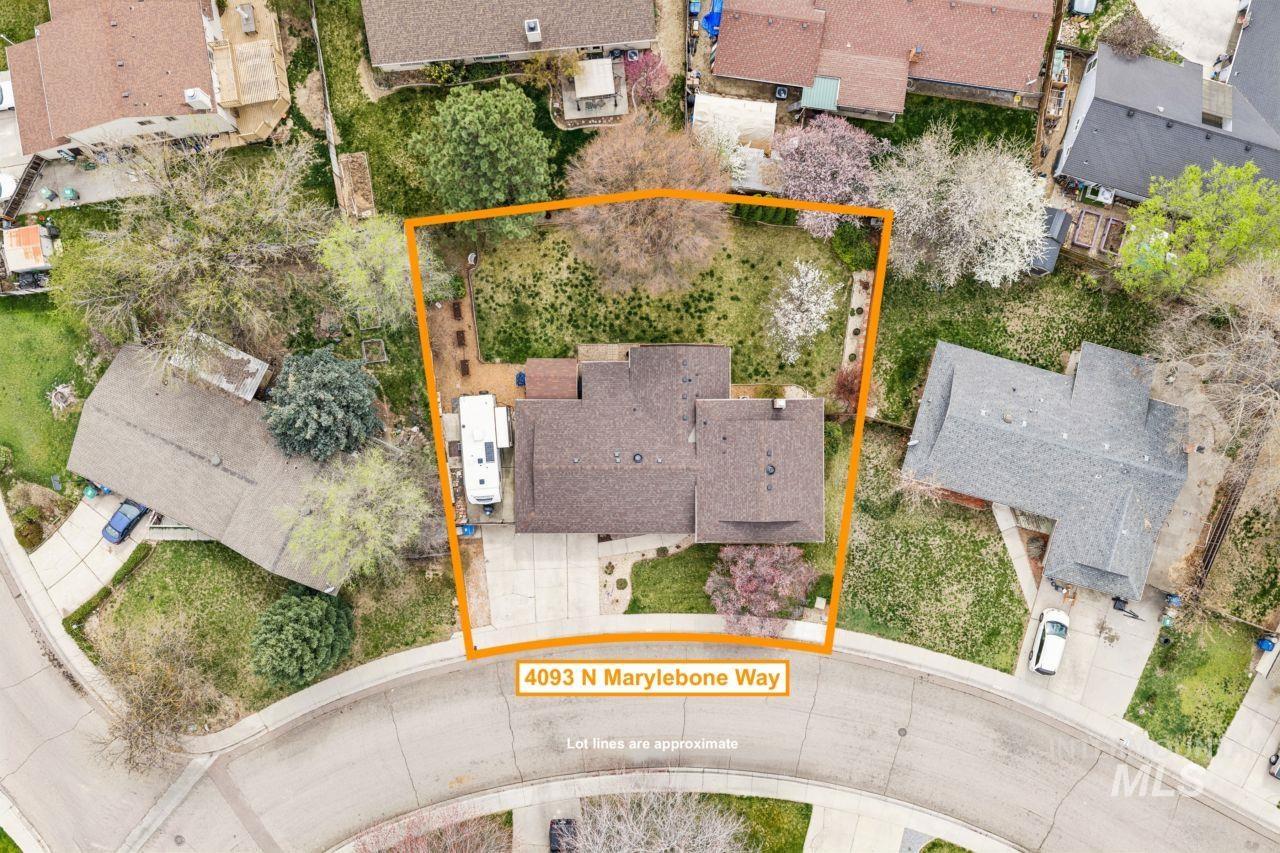 4093 North Marylebone Way Boise, ID 83713 - Photo 39 of 48 Aerial perspective of suburban area with property boundaries highlighted