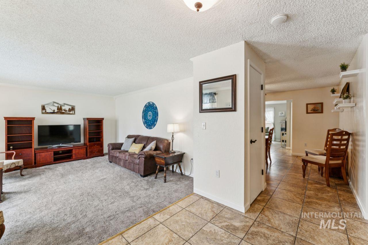 4093 North Marylebone Way Boise, ID 83713 - Photo 7 of 48 Living area featuring a textured ceiling, light colored carpet, and light tile patterned floors