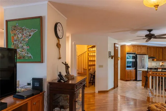 a view of hall way with furniture