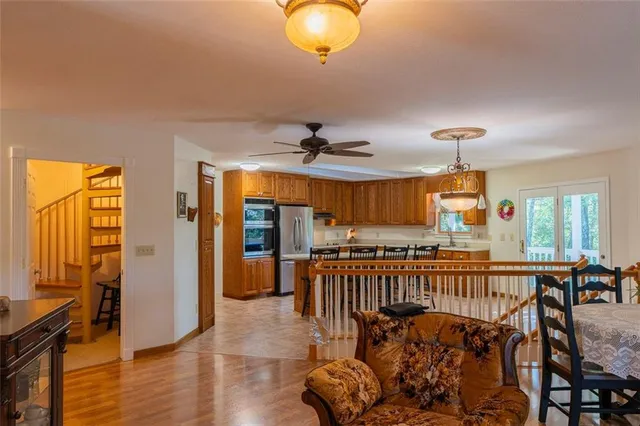 a view of a porch with wooden floor