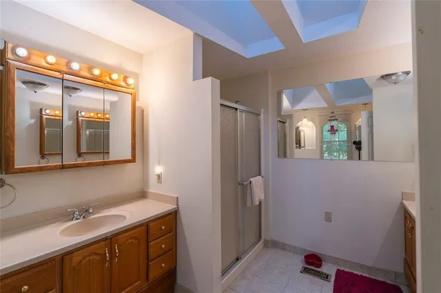 a bathroom with a sink a mirror and a shower