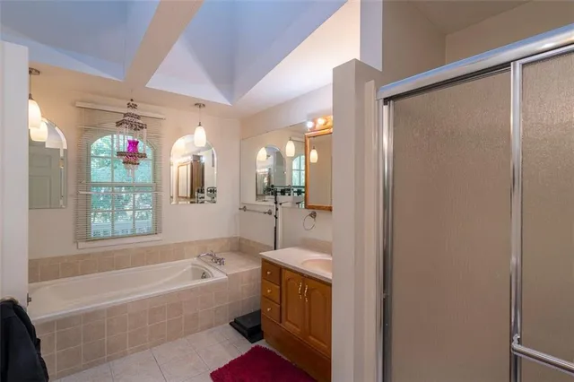 a bathroom with a bathtub a shower a sink and a large mirror