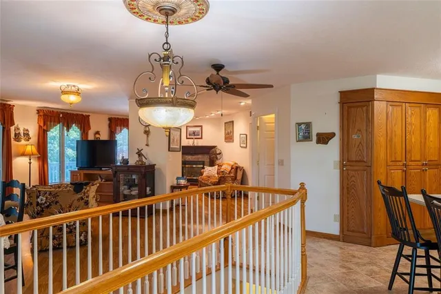 a view of a chandelier and garage