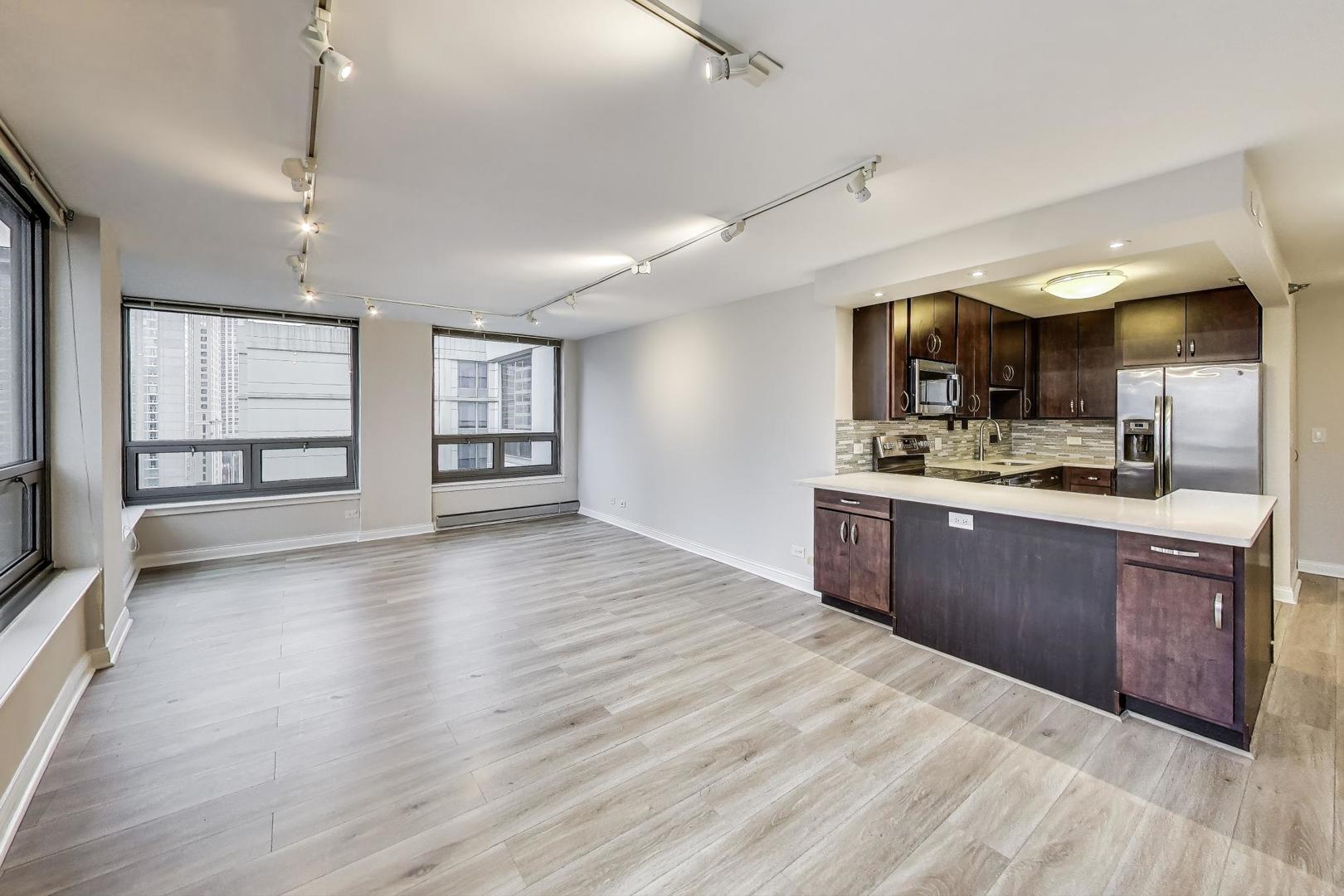 440 North Wabash Avenue, Unit 1605 Chicago, IL 60611 - Photo 13 of 53 a large kitchen with stainless steel appliances granite countertop a large counter top and wooden floors