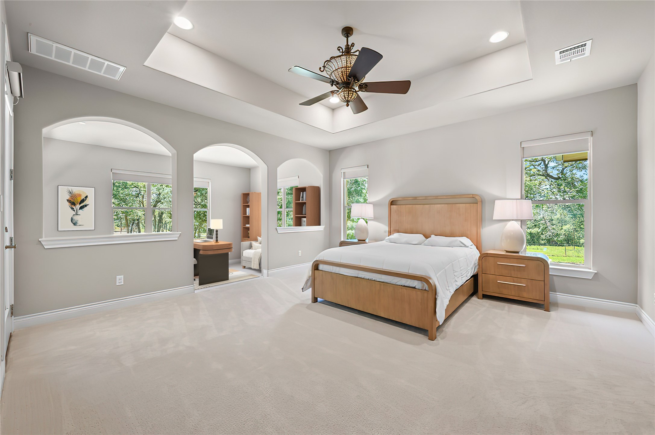 387 Corral Road Smithville, TX 78957 - Photo 15 of 40 Spacious room featuring a tray ceiling with a ceiling fan, recessed lighting, and soft carpet flooring