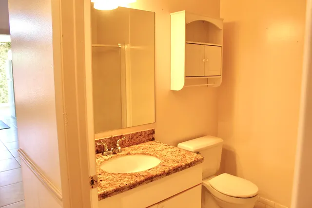 a bathroom with a granite countertop sink toilet and mirror
