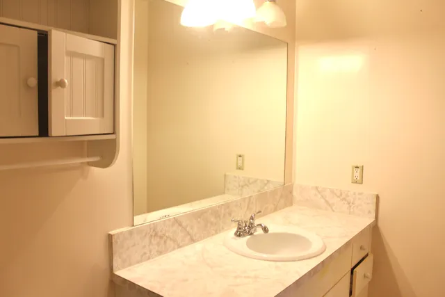 a bathroom with a sink and a mirror
