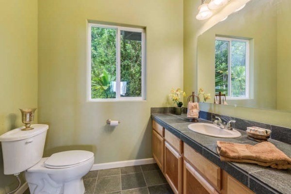 87-410 Kaohe Mauka Road Captain Cook, HI 96704 - Photo 20 of 29 a bathroom with a granite countertop toilet a sink and a mirror