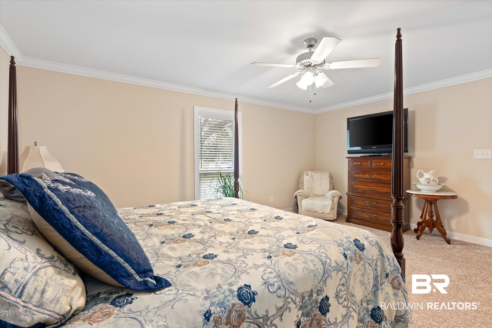 734 West Section Avenue Foley, AL 36535 - Photo 16 of 50 Bedroom featuring carpet flooring, a ceiling fan, crown molding, and baseboards