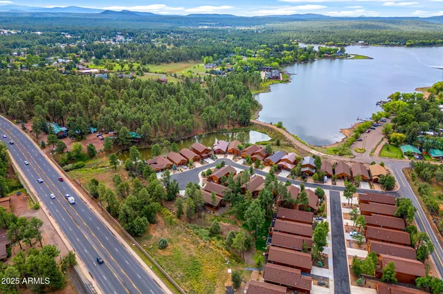 an aerial view of a house with a garden and lake view