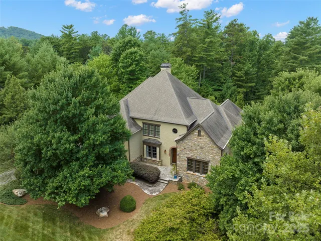 an aerial view of a house with yard porch and furniture