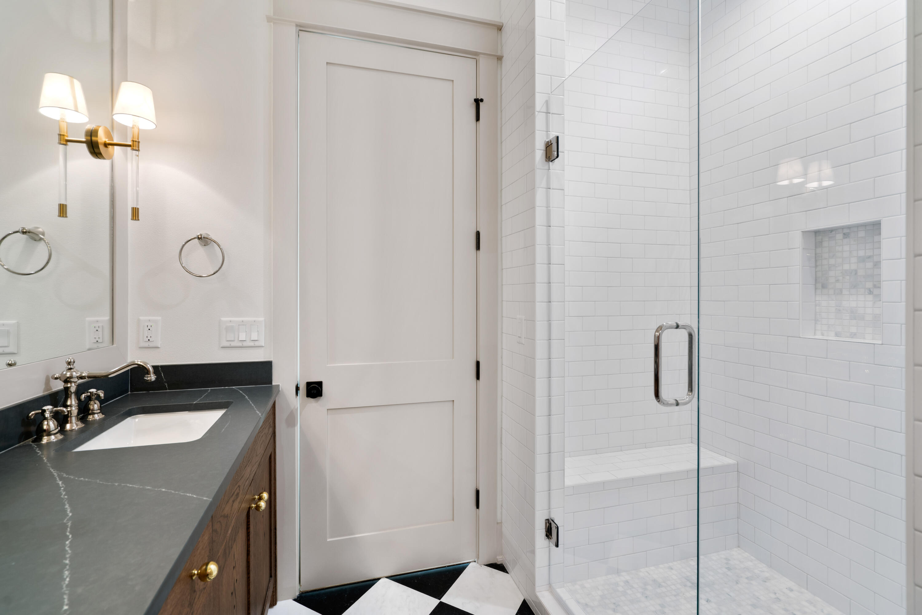 275 Clareon Dr Inlet Beach Inlet Beach, FL 32461 - Photo 30 of 76 a bathroom with a sink vanity granite shower and a mirror