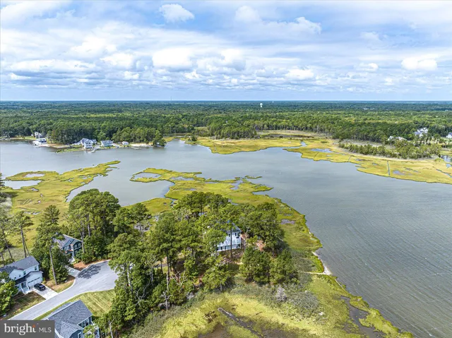 a view of a lake with houses in the back
