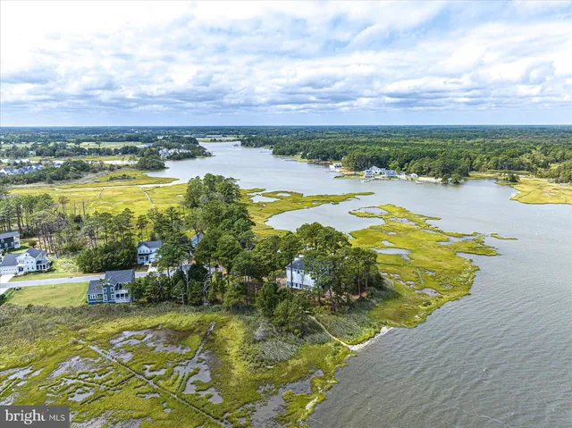 a view of a lake with houses in the back