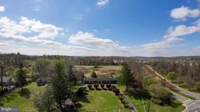 a view of a city with lush green forest