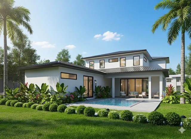 a front view of a house with a yard and potted plants