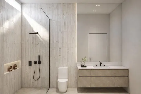 a bathroom with a double vanity sink mirror and toilet