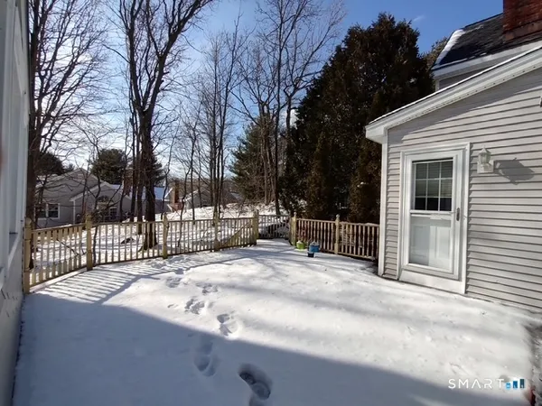 a view of a backyard with a large tree