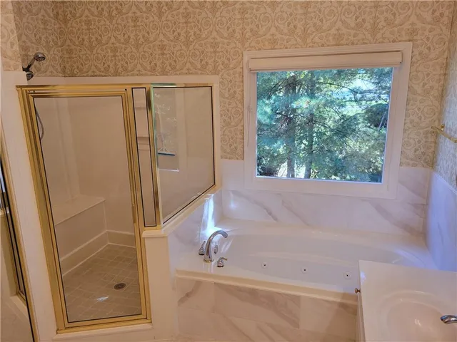 a bathroom with a bathtub and a shower