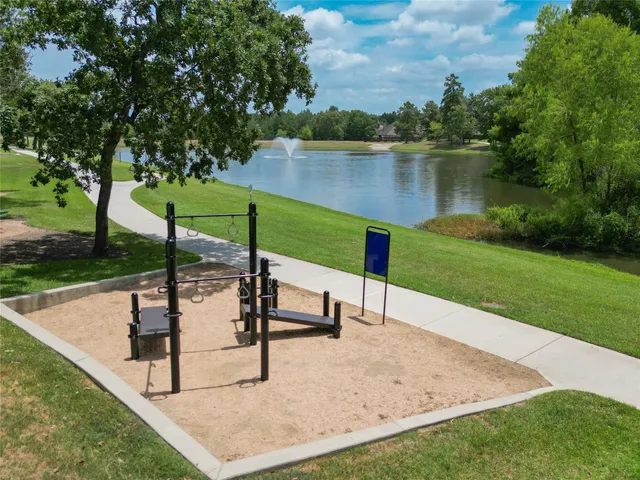 a view of a lake with a park