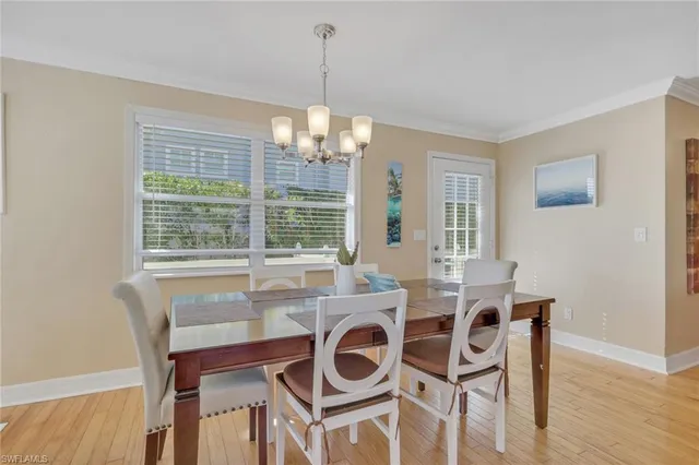 a view of a dining room with furniture wooden floor and chandelier