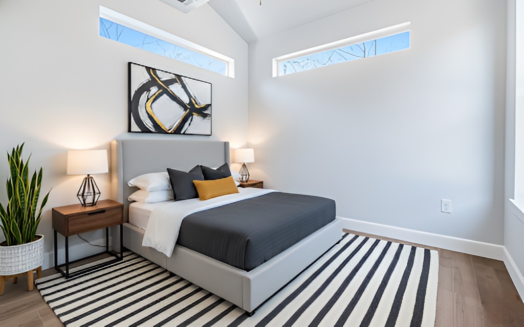1130 Spur Street, Unit A Austin, TX 78721 - Photo 20 of 31 3rd Bedroom featuring ceiling fan and vaulted ceiling (virtually staged)