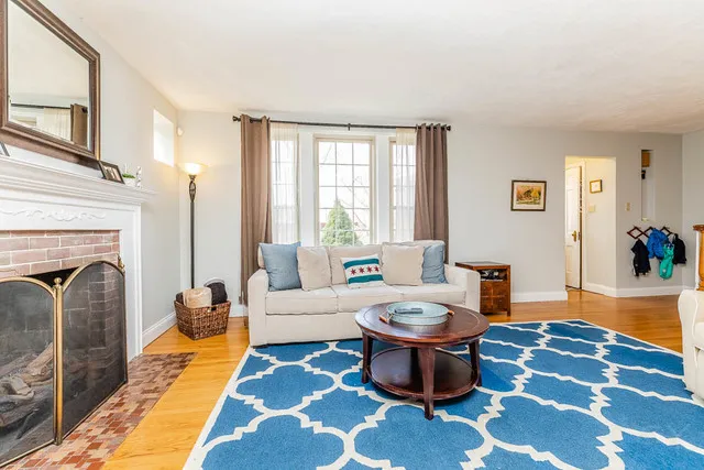 a living room with furniture a rug and a fireplace
