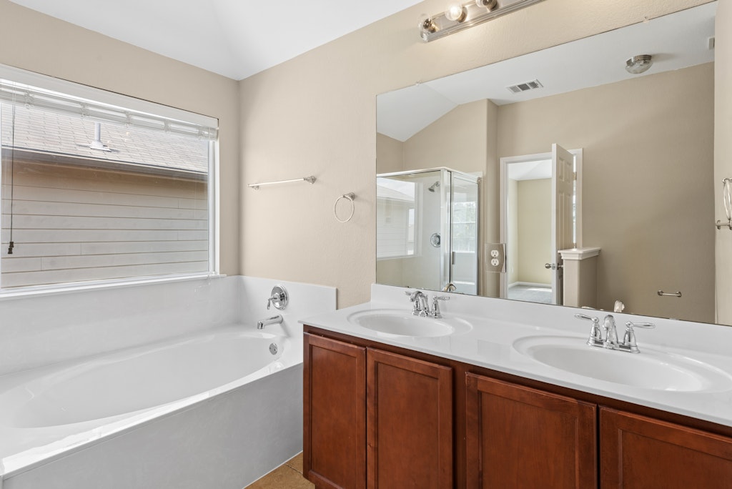 458 Nottingham Loop Kyle, TX 78640 - Photo 23 of 38 a bathroom with a tub double sink and mirror