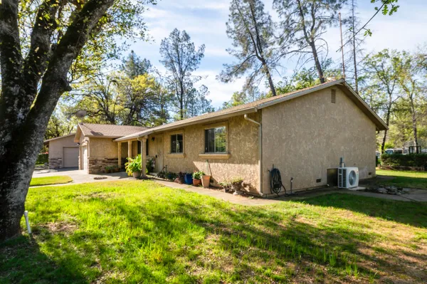 a view of a house with a yard covered with big trees