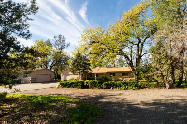 a front view of a house with a yard and trees