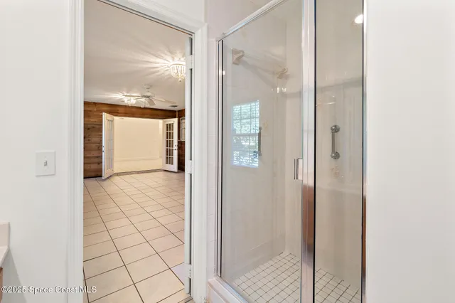 a view of a yard with plants and large trees