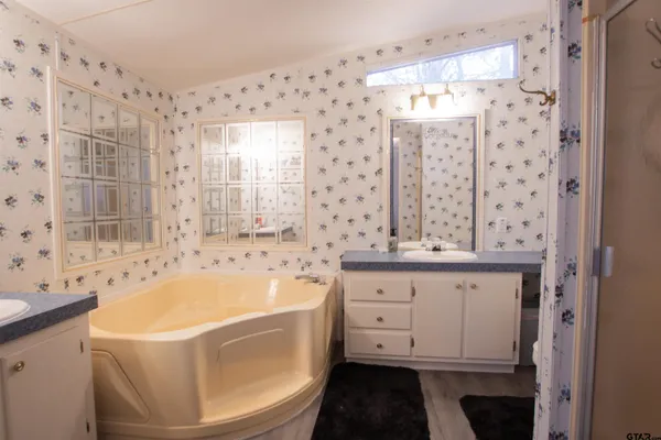 a bathroom with a bathtub sink and mirror