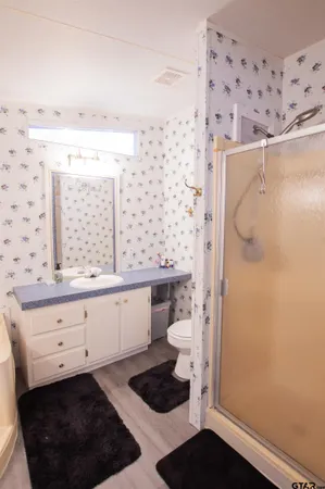 a bathroom with a sink a toilet and shower