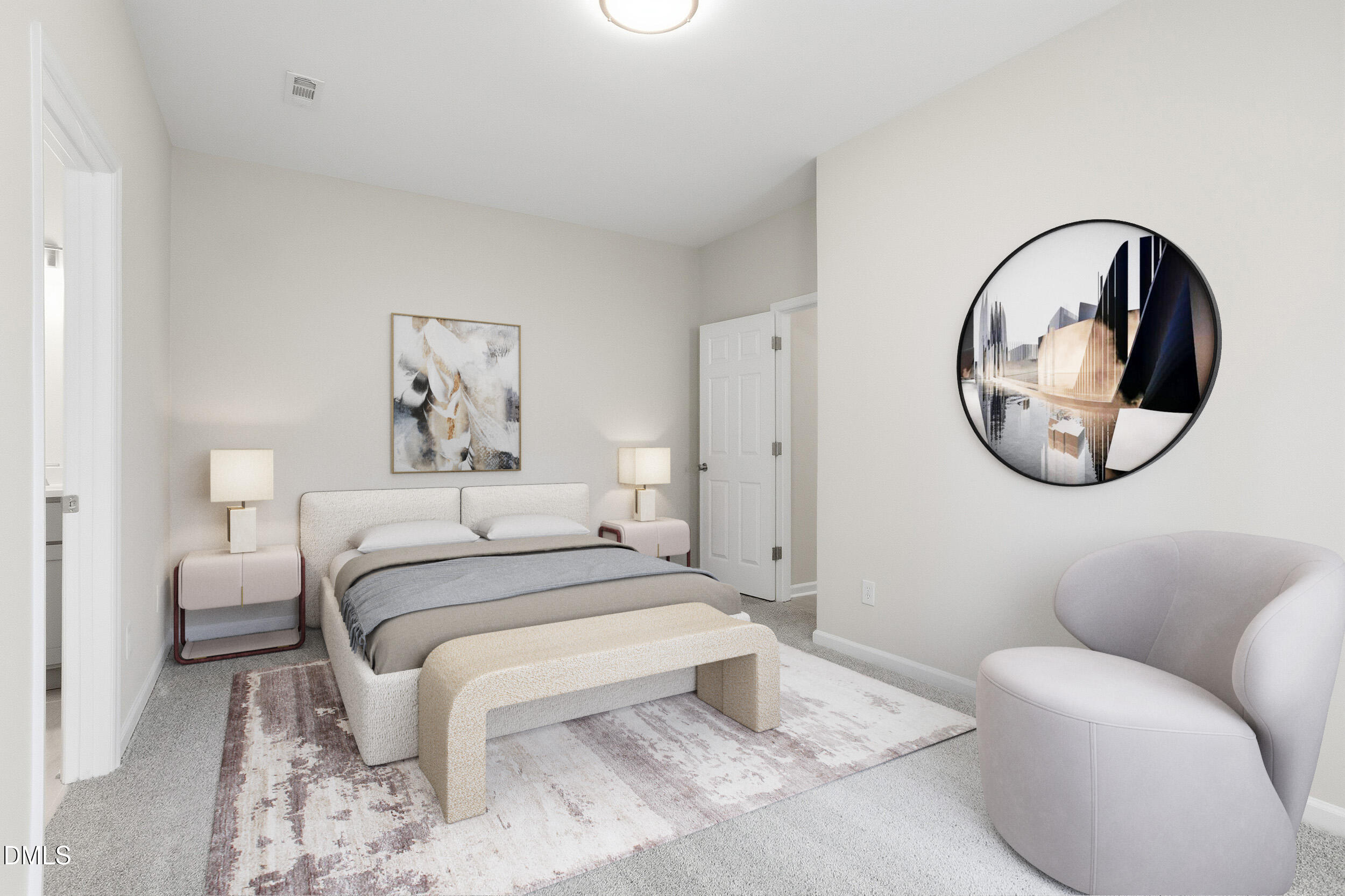 2020 Collier Road Durham, NC 27707 - Photo 6 of 32 a bed room with a bed a mirror and a wall painting