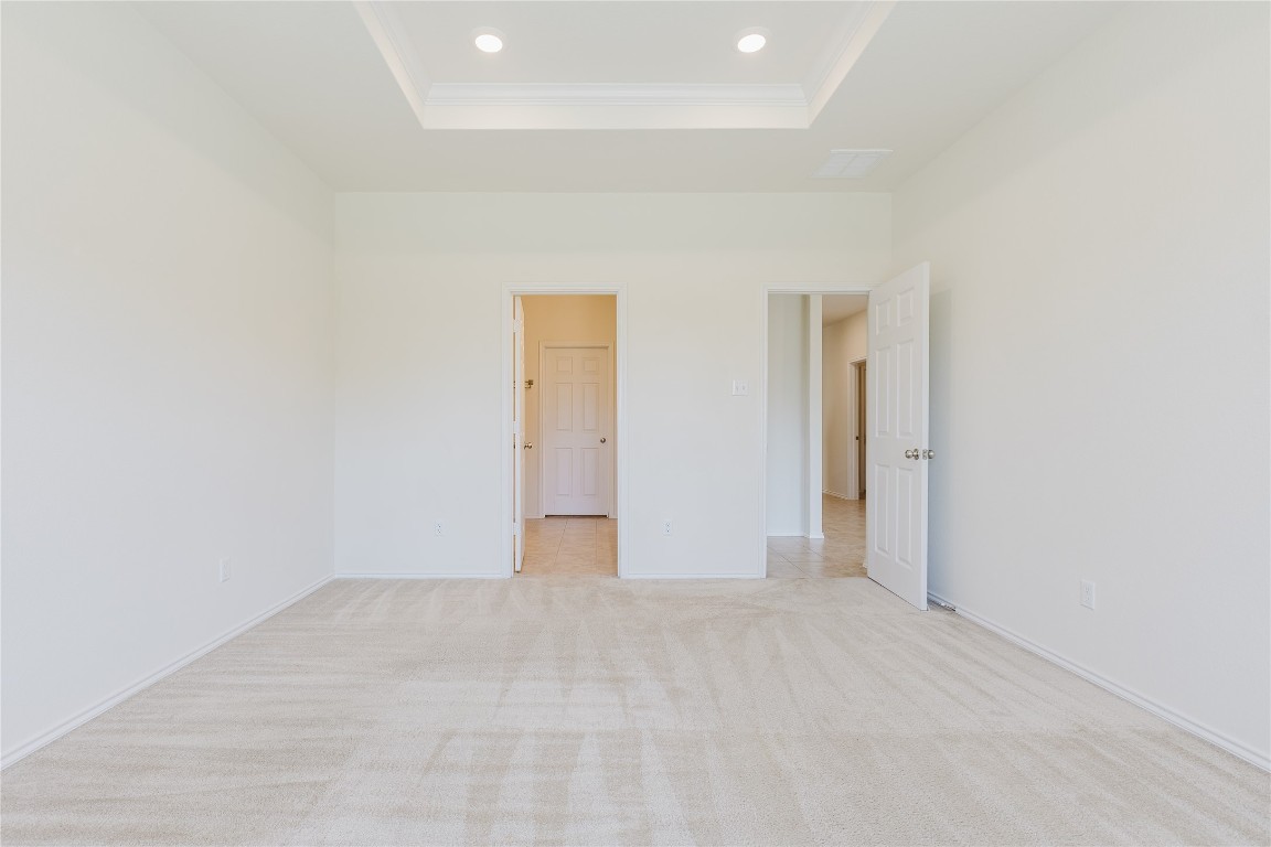529 Gray Hawk Ridge Leander, TX 78641 - Photo 15 of 36 Spare room with ornamental molding, light colored carpet, a raised ceiling, and recessed lighting