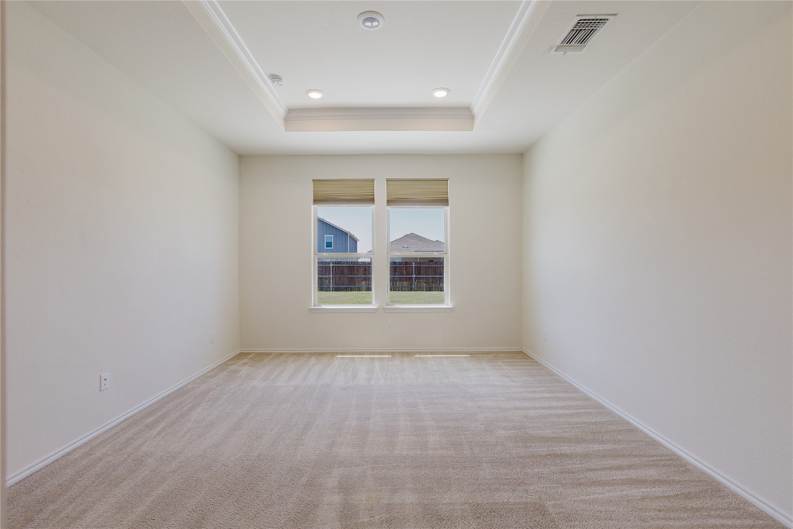 529 Gray Hawk Ridge Leander, TX 78641 - Photo 21 of 36 Carpeted empty room with ornamental molding, a raised ceiling, and recessed lighting