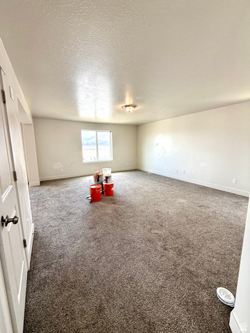 1823 South Longview Road Santaquin, UT 84655 - Photo 12 of 69 Spacious room featuring neutral carpeting, white baseboards, and a window with a distant mountain backdrop